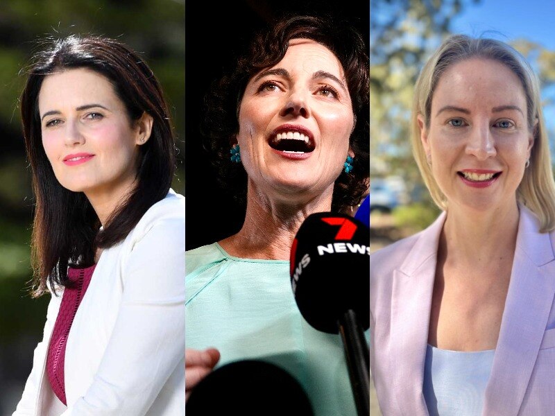 a composite image of three women