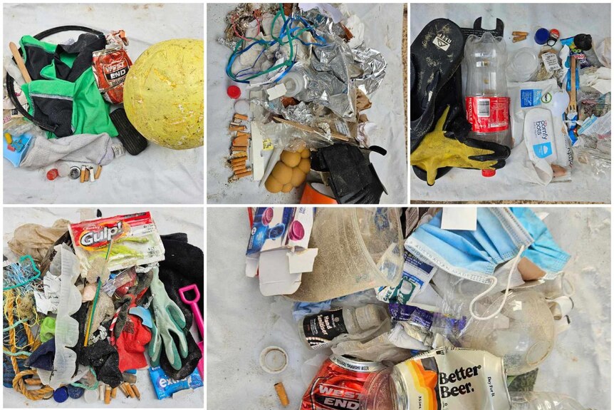 A collage of photographs showing piles of rubbish including plastic bottles, face masks and food packaging.