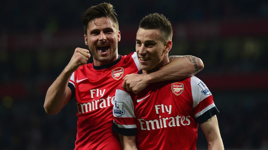 Giroud and Koscielny celebrate Arsenal's opener