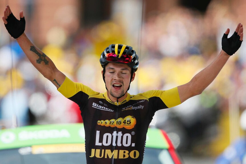 Primoz Roglic crosses the line on the 17th stage of the Tour de France