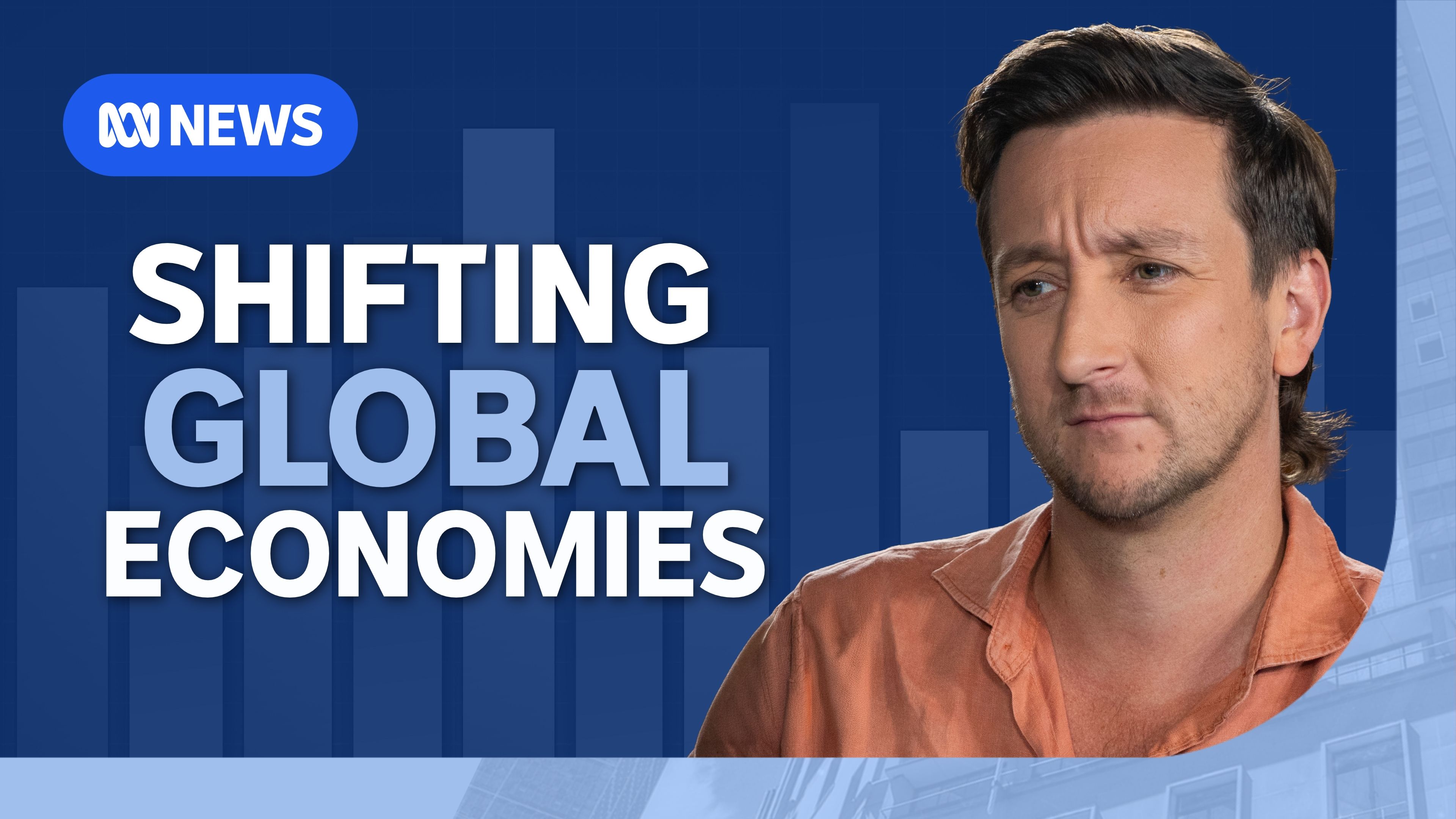 a man in an orange shirt over a blue background with the words 'shifting global economies'
