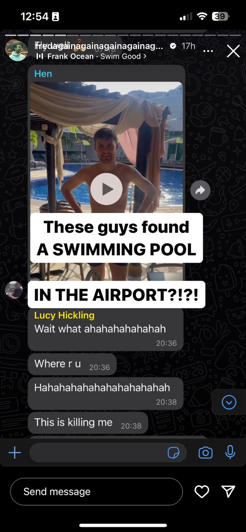 Screengrab of an Instagram story showing a WhatsApp message with a photo of a man beside a pool