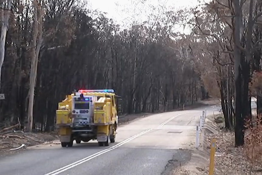 A truck drives along a road surrounded by fire-blackened forest