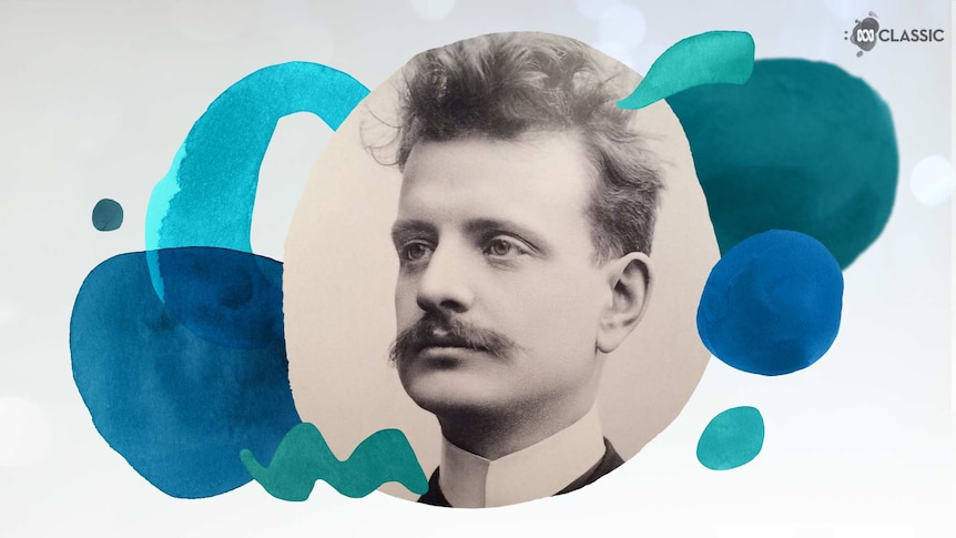 An image of composer Jean Sibelius with stylised musical notation overlayed in tones of teal.
