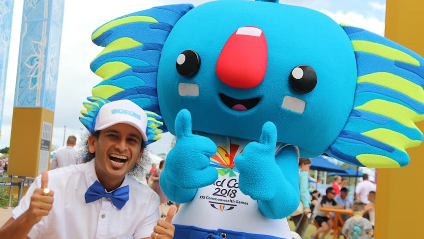 Gold Coast Commonwealth Games mascot Borobi and his hype-man Sid Mathur
