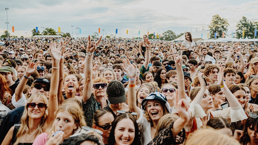 A crowd of young Groovin The Moo festival-goers raise their hands and cheer.