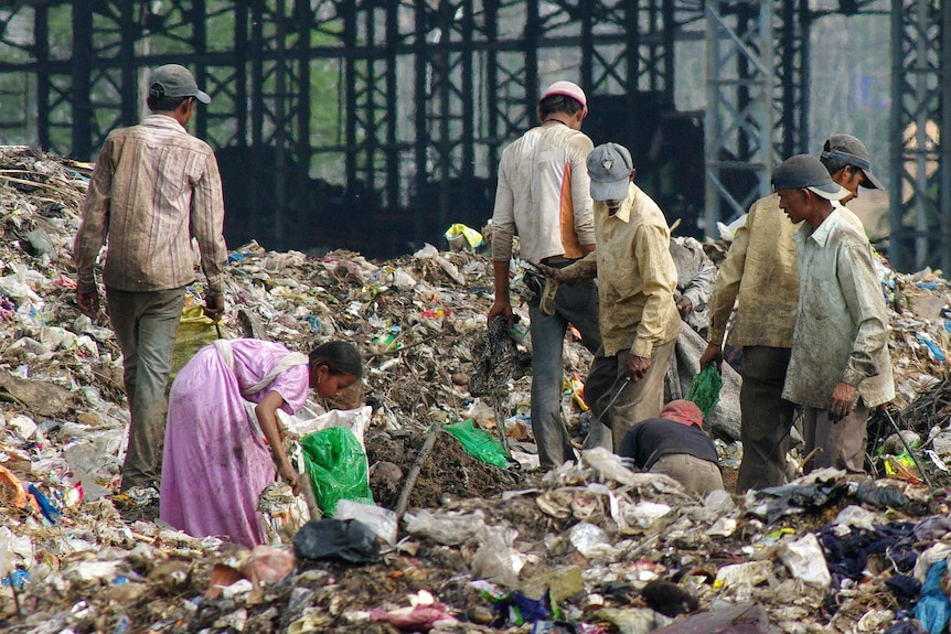 A group of people walk over landfill collecting waste. 