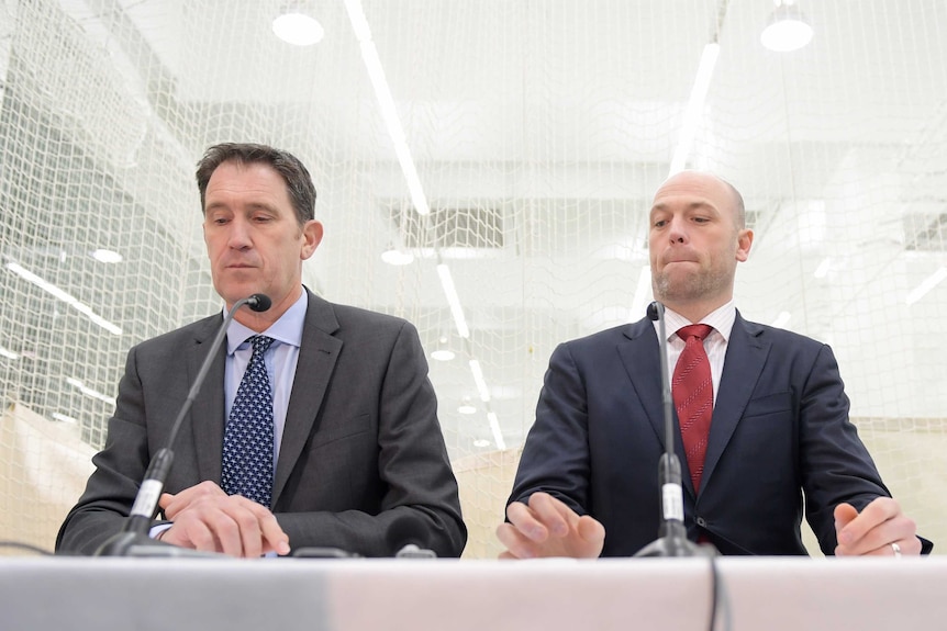 Cricket Australia CEO James Sutherland (left) and  Alistair Nicholson address the media.