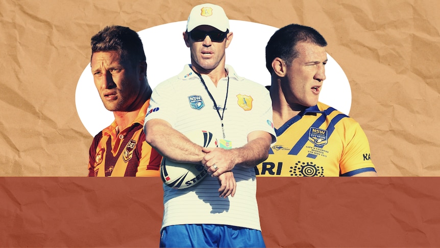 A graphic of three footy players involved in the city v country game.
