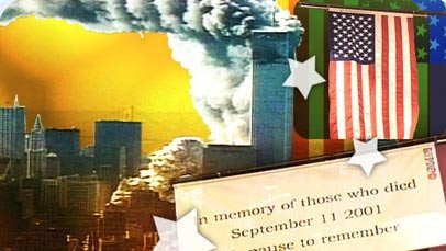 Imagery from 9/11 terrorist attacks; Memorial plaque, Smoke from the Twin Towers, the American flag.