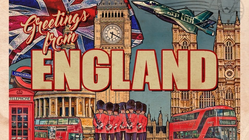 Postcard that reads "greetings from England" showing pictures of English landmarks like Big Ben and Buckingham Palace