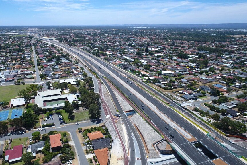 An aerial shot of the Tonkin Highway looking north.