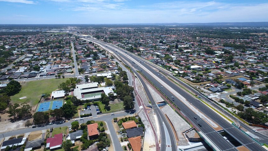 An aerial shot of the Tonkin Highway looking north.