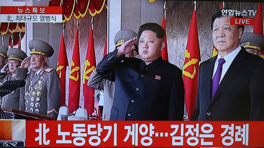 Kim Jong-un salutes military during parade in Pyongyang