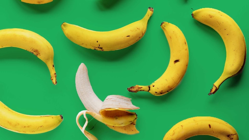 Bananas on a green background with one unpeeled, in a story about tips for buying, storing and using bananas — even their peel