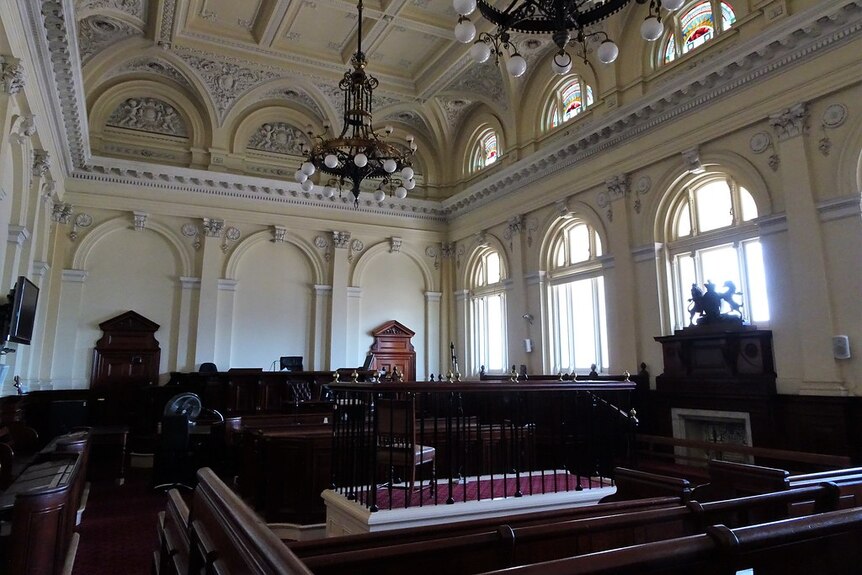 The grand interior of a courtroom