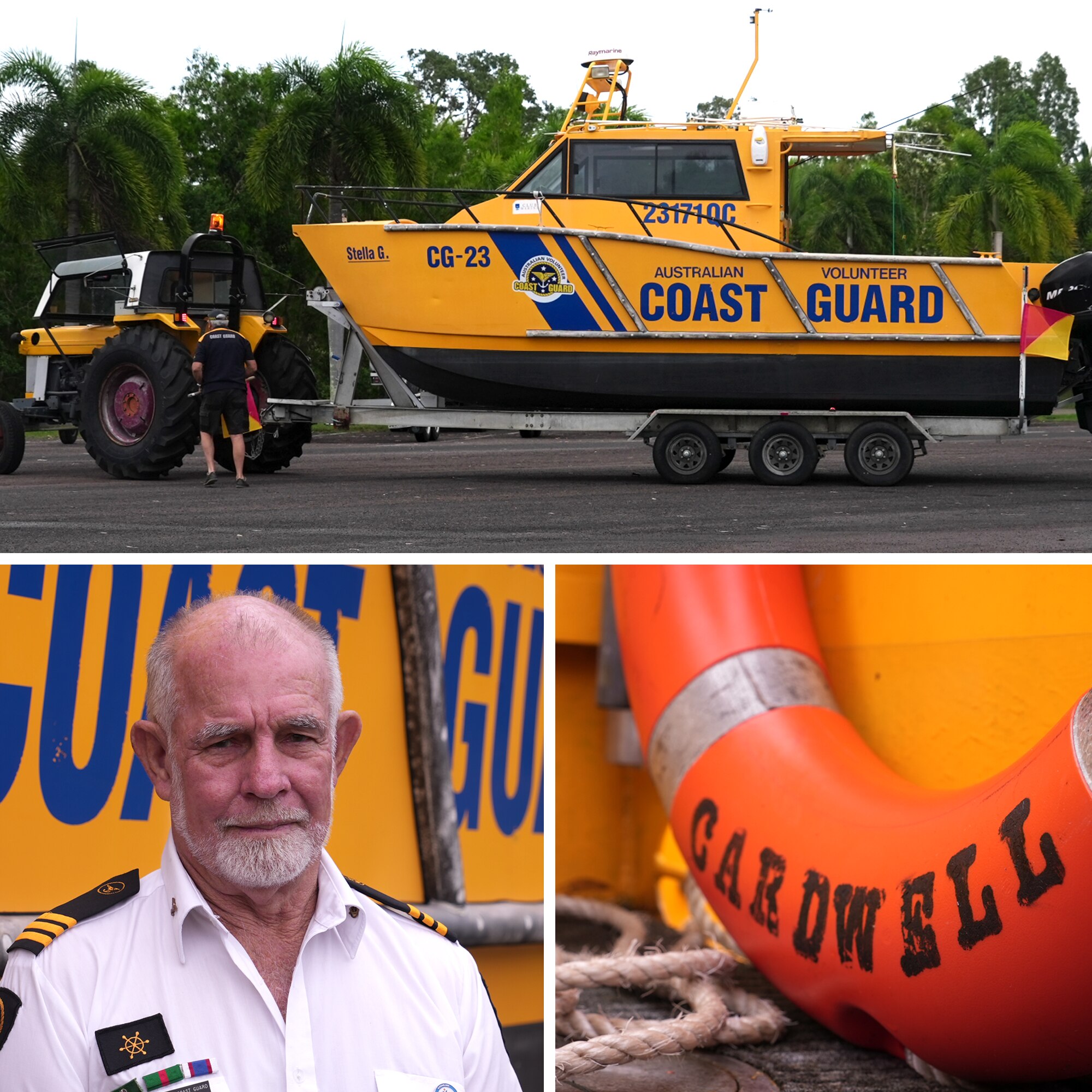 Composite image of a man in  a coastguard uniform, a coast guard boat and a life preserver.