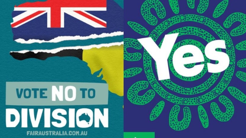 A composite image of two Facebook ads, run by the Yes and No Voice campaigns.