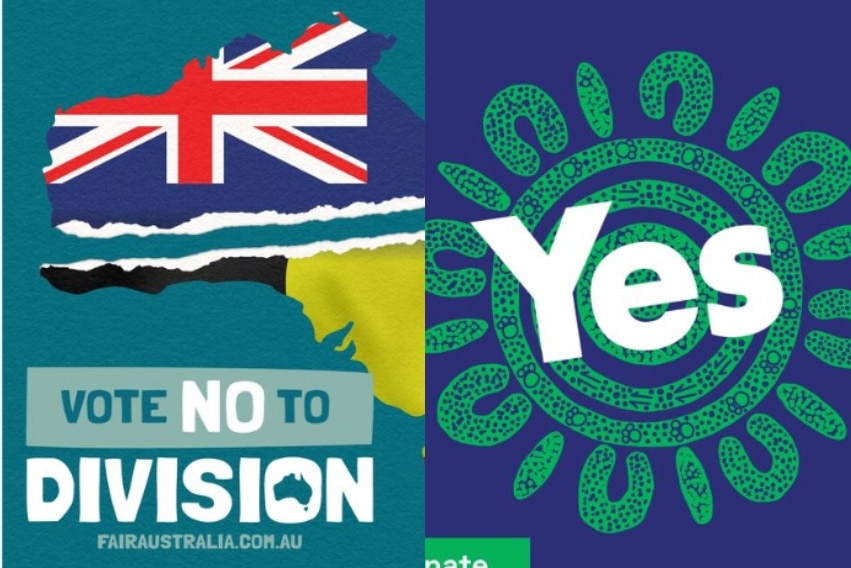 A composite image of two Facebook ads, run by the Yes and No Voice campaigns.