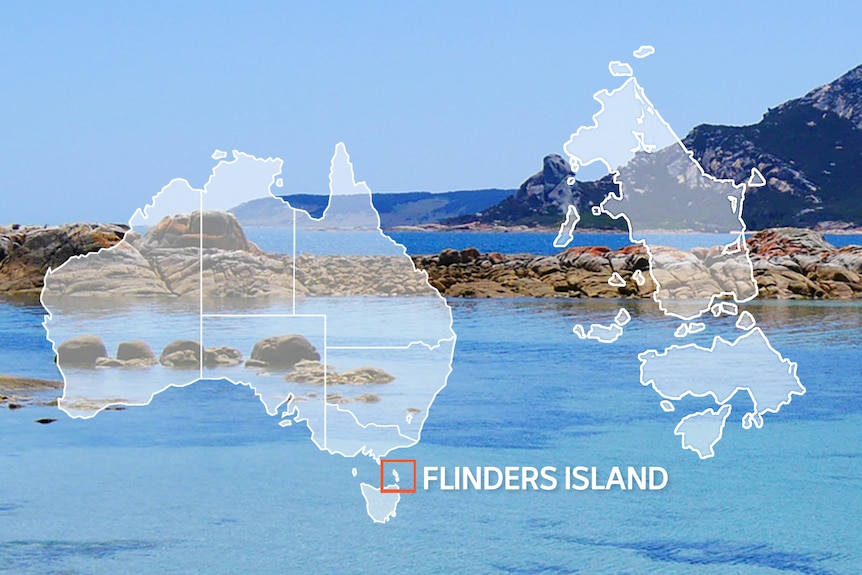 A map superimposed on rocky beach image showing Flinders Island and Australia