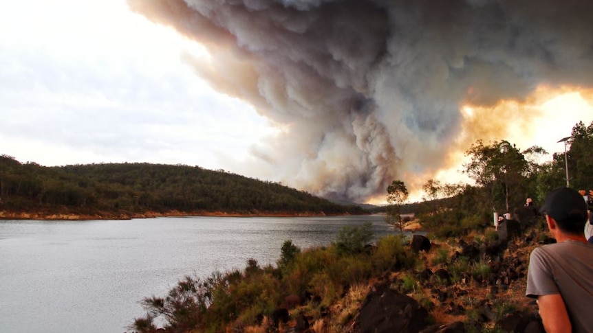 People sitting at the Mundaring Weir watch thick plumes of smoke from a fire go into the sky.
