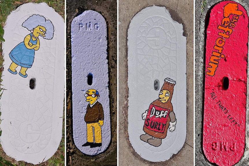 Four of Lincoln Roberts's artworks, on pit covers in Portland, in 2020