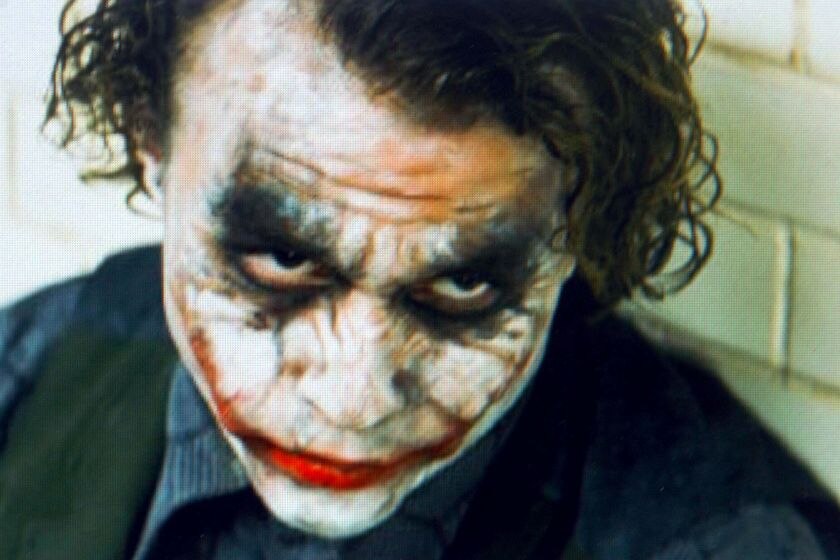 A close-up of Heath Ledger portraying the Joker.