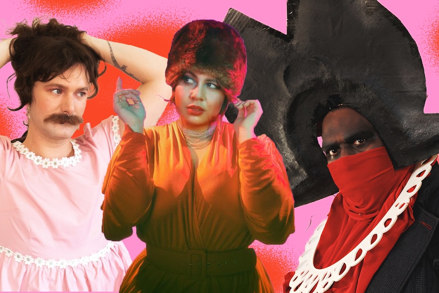 A composite of three genderqueer people who are wearing a combo of feminine and masculine clothes