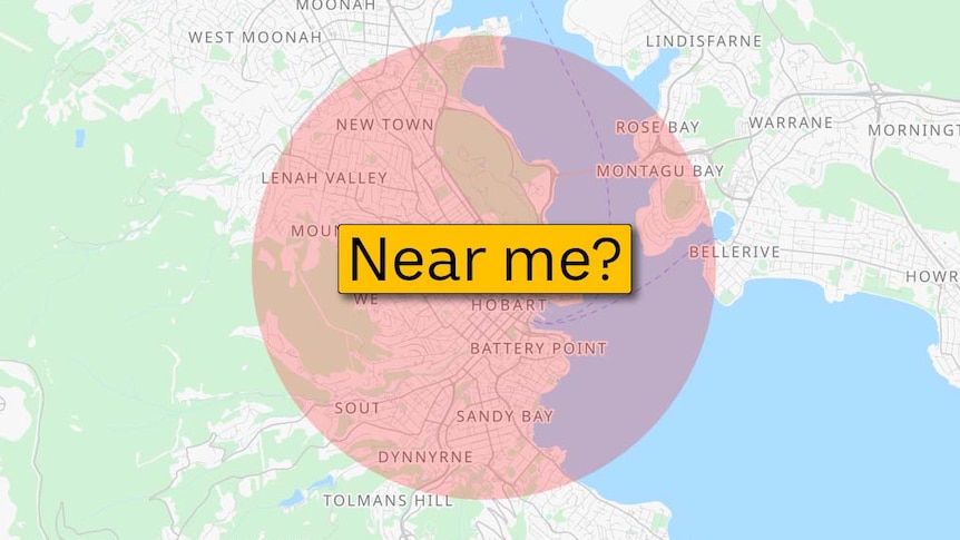 A graphic showing a 5km circle superimposed on a map of Hobart.