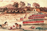An old painting of the Eureka Rebellion in December 1854 with red-coated soldiers firing on gold miners at Eureka Stockade.