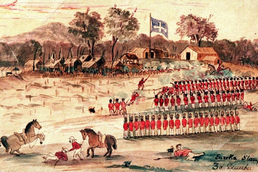 An old painting of the Eureka Rebellion in December 1854 with red-coated soldiers firing on gold miners at Eureka Stockade