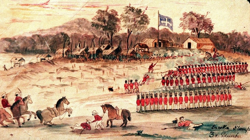 An old painting of the Eureka Rebellion in December 1854 with red-coated soldiers firing on gold miners at Eureka Stockade