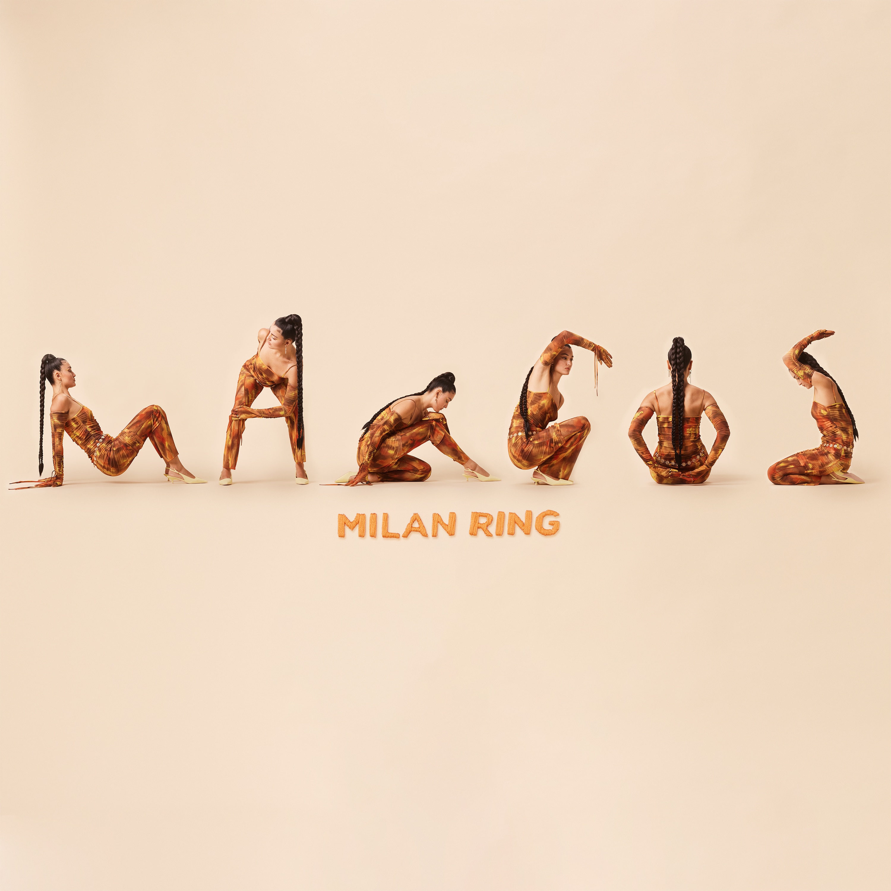 Cover for Milan Ring's 2024 album Mangos where she contorts her body to form each letter of the title on pale bg