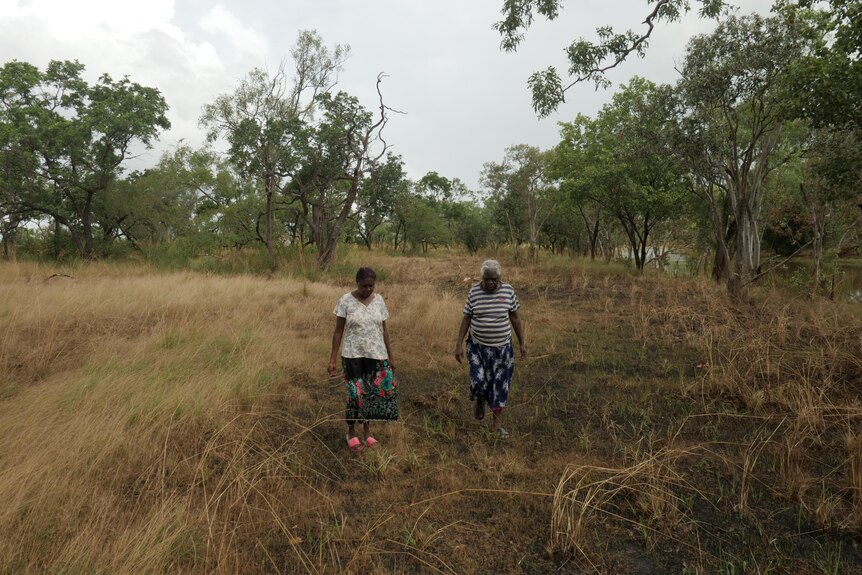 Two women walk through the bush