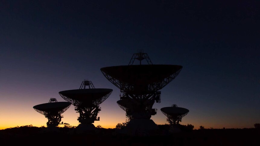 Four large telescope dishes at twilight