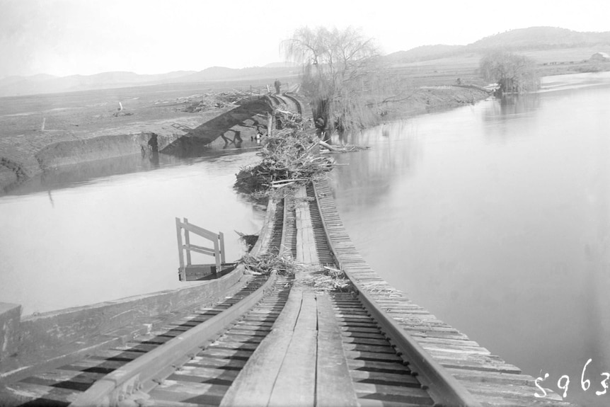 The trestles of the timber bridge were destroyed by debris that washed down the Molonglo river.