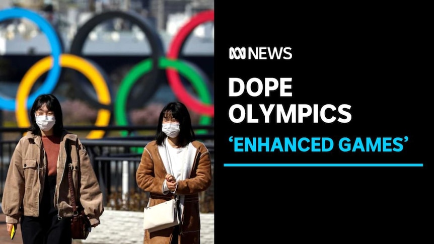 Dope Olympics, 'Enhanced Games': Two women in masks stand in front of a monument of the Olympic rings.