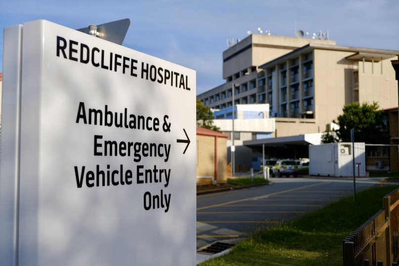 Sign and driveway for emergency vehicles entry into Redcliffe Hospital, north of Brisbane.