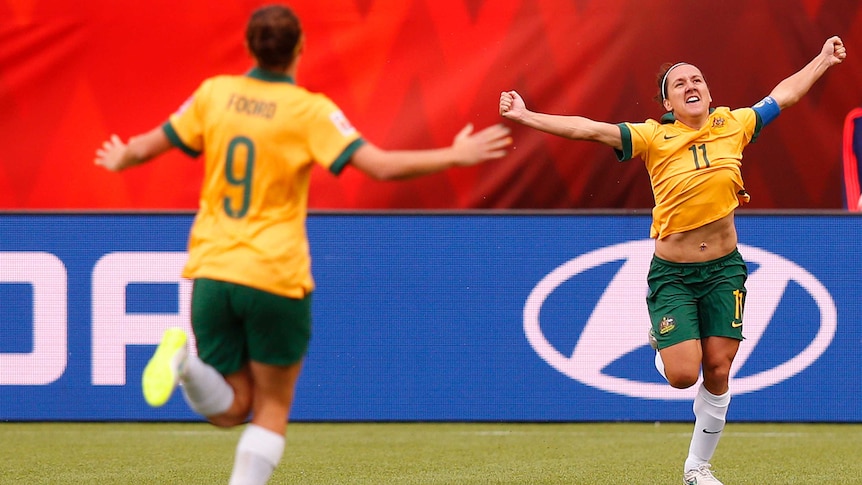 Lisa De Vanna (R) and Caitlin Foord celebrate Australia's goal against Sweden at the Women's World Cup