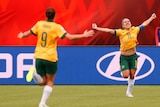 Lisa De Vanna (R) and Caitlin Foord celebrate Australia's goal against Sweden at the Women's World Cup