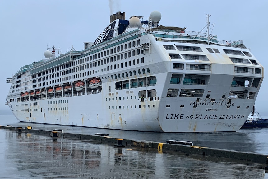 A large cruise ship docks at Hobart on a rainy day.