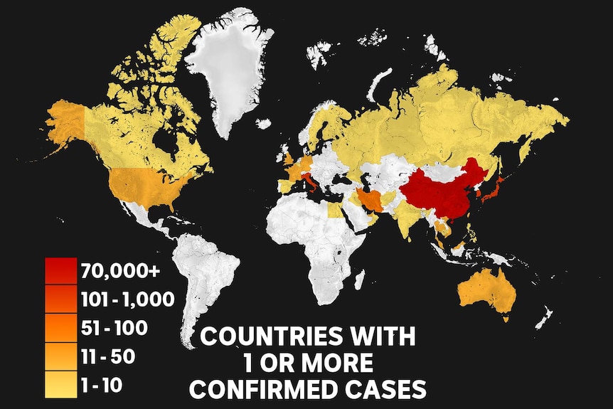 A world map colour-coding the spread of the novel coronavirus COVID-19.