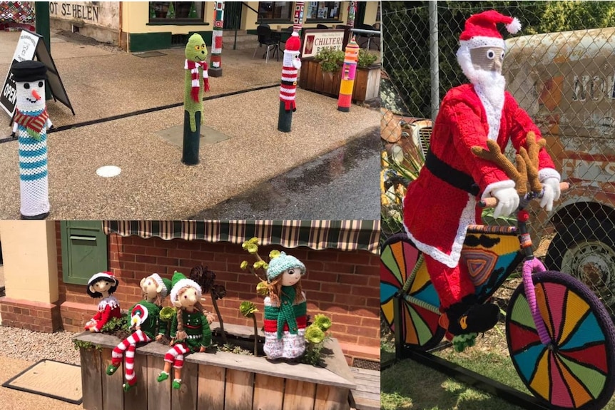 A collage of yarnbombing including christmas figures on bollards, elves, and santa riding a crochet bike.