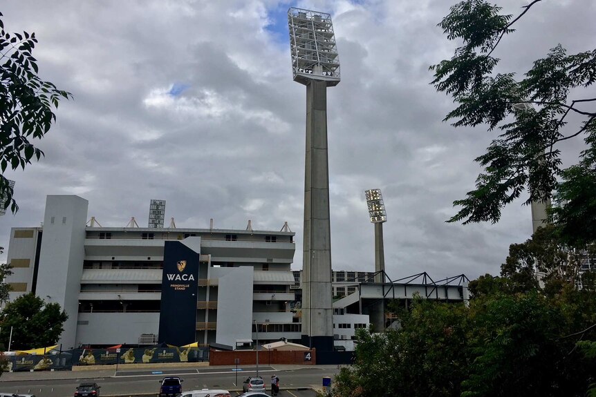 Grey clouds in the sky above Perth's WACA Ground.
