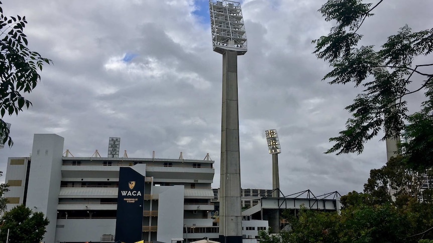 Grey clouds in the sky above Perth's WACA Ground.