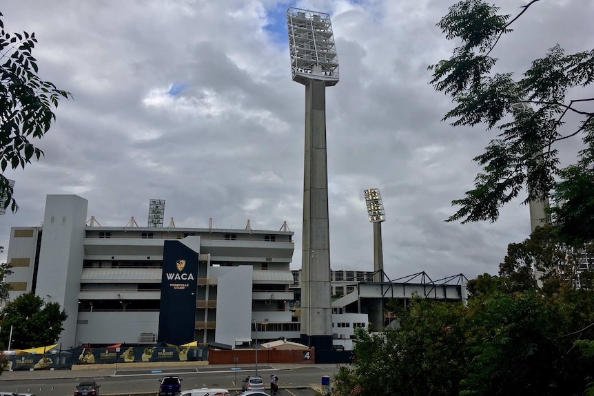 Grey clouds in the sky above Perth's WACA Ground.