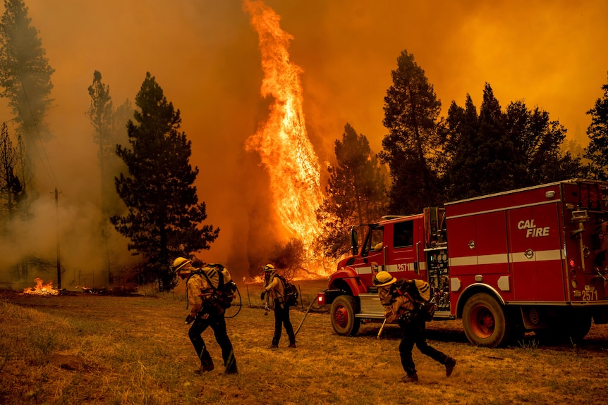 Three firefighters carry equipment from their fire truck as fire and smoke engulfs the forest behind them.