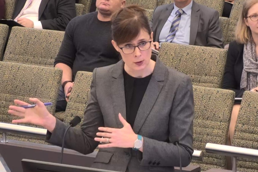 Barrister Rowena Orr standing in front of rows of seats