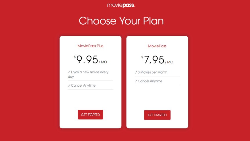 Two plans offered by MoviePass: $9.95 for a new movie each day or $7.95 for three movies a month.