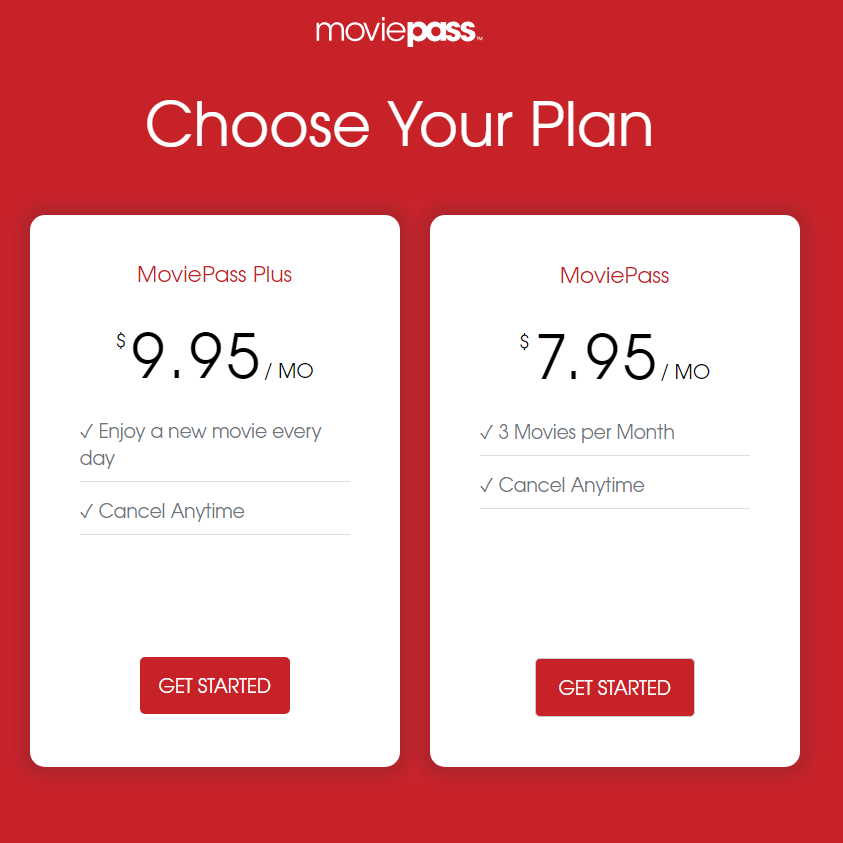 Two plans offered by MoviePass: $9.95 for a new movie each day or $7.95 for three movies a month.